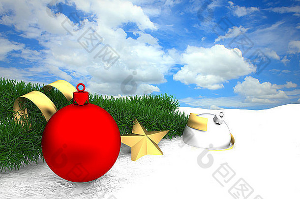 圣诞背景，红色装饰，雪地里的金星