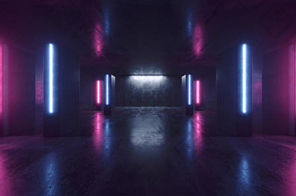 黑暗未来科幻外星飞船霓虹俱乐部复古舞台混凝土垃圾反射荧光紫蓝色激光束管灯车库3D效果图