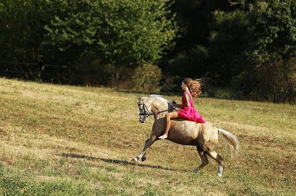 青少年女孩粉红色的衣服飞驰的小马草地夏天下午