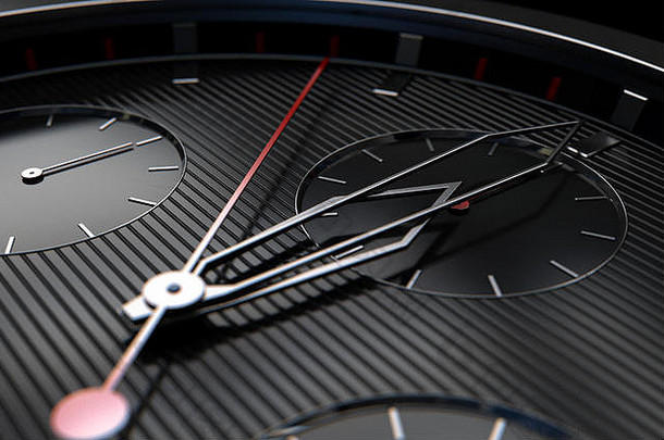 一款现代男士手表的宏观特写3D效果，采用优雅的黑色和镀铬表面