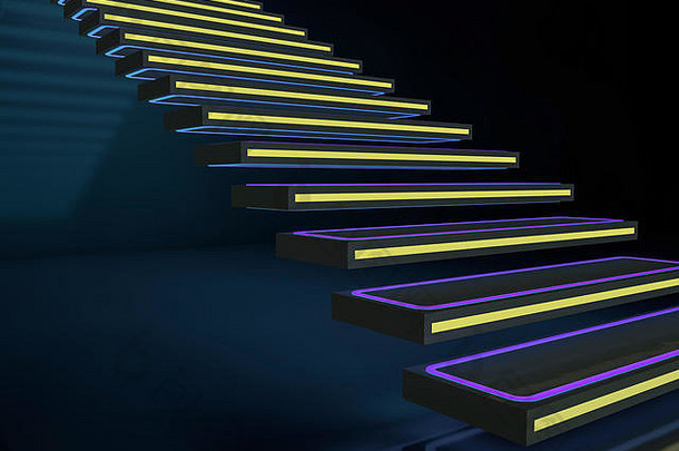霓虹灯下通往俱乐部或迪斯科舞厅的楼梯。三维渲染