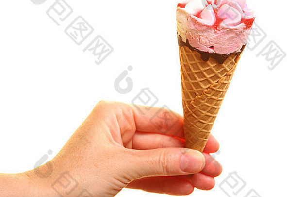 浆果冰淇淋华夫格锥手白色让人耳目一新甜点夏季