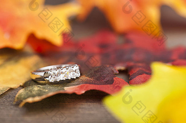 节日秋季装饰的钻石订婚戒指