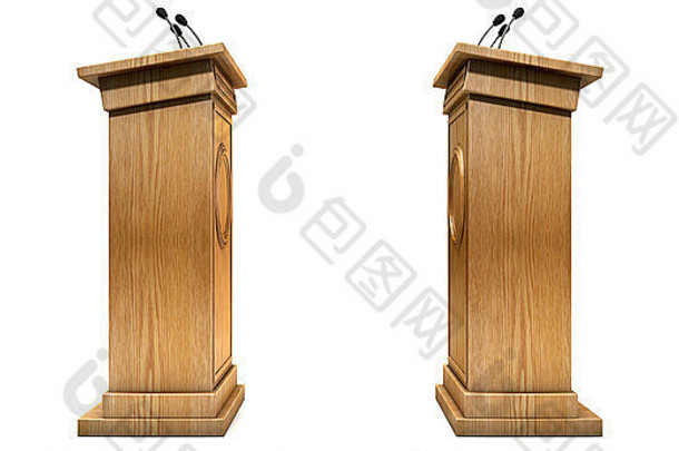 两个对立的常规木制辩论讲台，象征着在一个孤立的白色工作室背景下进行辩论