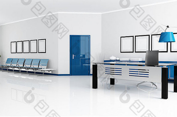 带等待空间的蓝色和白色办公室-渲染
