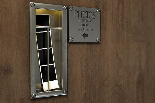一个带照明的复古照片亭检索槽的3D渲染，在木质表面上有一个照片条