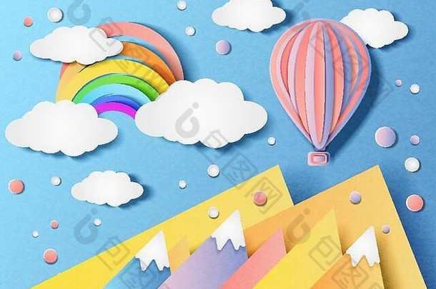 气球在天空中飞舞，一道彩虹
