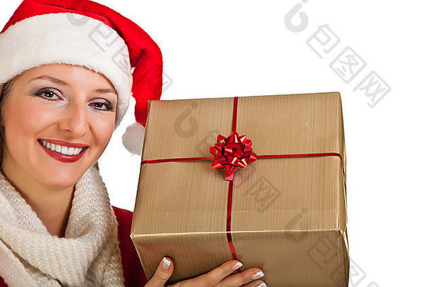 戴着圣诞老人帽的妇女，在白色隔离背景上拿着圣诞礼物