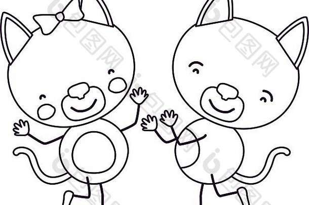 草图轮廓漫画夫妇小猫跳舞