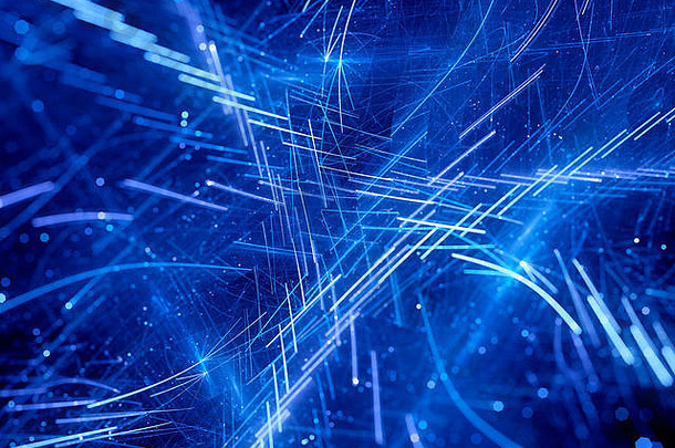 蓝色发光的空间短霓虹灯，新技术，计算机生成的抽象背景