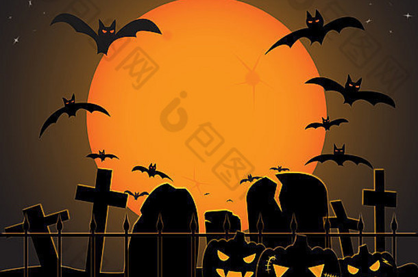 一个万圣节墓地的场景，晚上是橙色的，里面有蝙蝠和南瓜