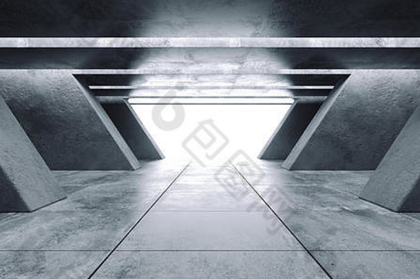 现代未来主义混凝土背景垃圾空旷黑暗空间车库大厅隧道走廊宇宙飞船粗糙纹理发光白光画廊3D效果图