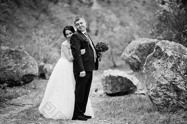 浪漫的新结婚了夫妇摆姿势走岩石农村婚礼一天黑色的白色照片