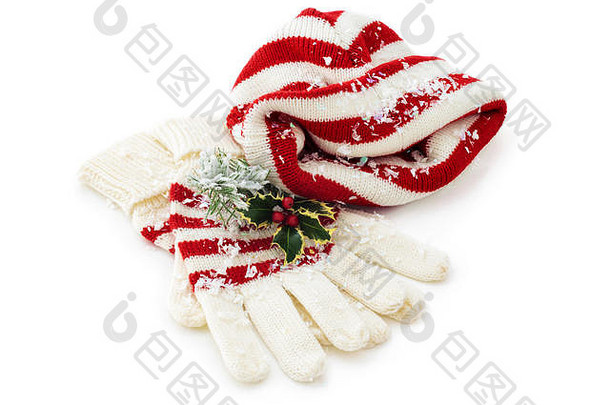 冬季帽子和手套隔离在白色上。