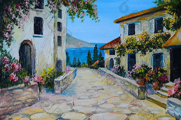 油画在画布上描绘了美丽的海边房屋、抽象画、壁纸；徒手画的