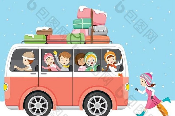 孩子们喜欢乘公交车、活动、旅游、冬天、季节、假期