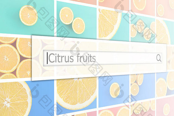 将搜索栏可视化到许多带有多汁橙子的图片拼贴的背景上。柑橘类水果
