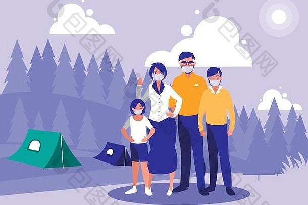 带面具的家庭在景观前露营帐篷设计新冠病毒19型主题载体插图