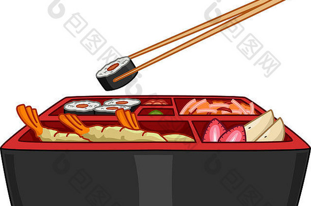 插图典型的日本bento一对筷子挂一边