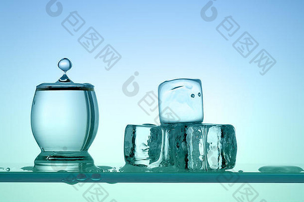 一滴水掉进玻璃杯里。蓝调的图片。