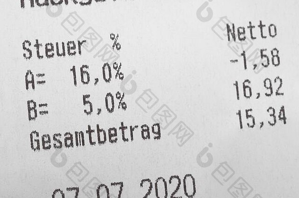 收据显示减少增值税率德国增值税被称为mwst增值税德国英语翻译斯图尔意味着税总数意味着总计量