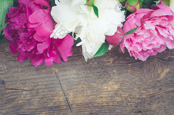 牡丹背景。木桌上有紫红色、粉色和白色的牡丹花，上面有文字。春花牡丹。母亲节快乐。母亲节问候
