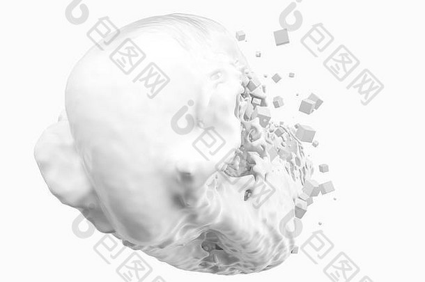 纯牛奶飞溅与飞行立方体，三维渲染。计算机数字图像。