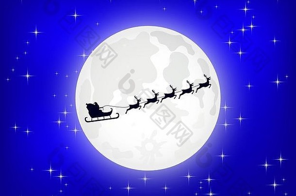圣诞老人乘坐雪橇在北方的圣诞鹿上飞行