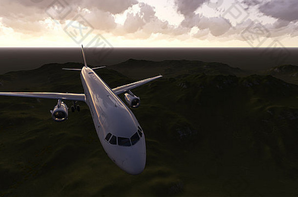 用3d软件制作的空中飞行的白色客机