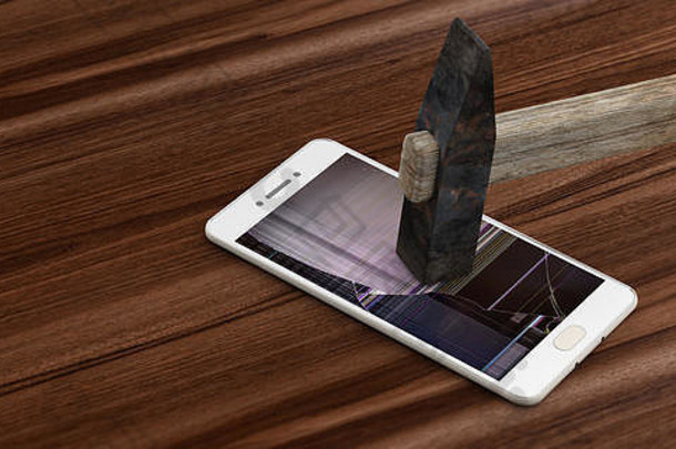 锤子敲碎木质背景上的智能手机屏幕。三维插图