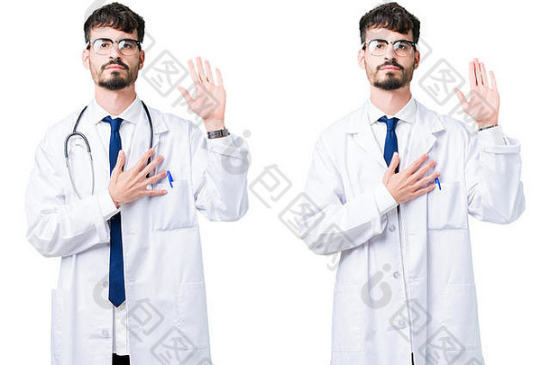 拼贴画年轻的医生男人。穿医疗外套说脏话手胸部开放棕榈使忠诚承诺誓言