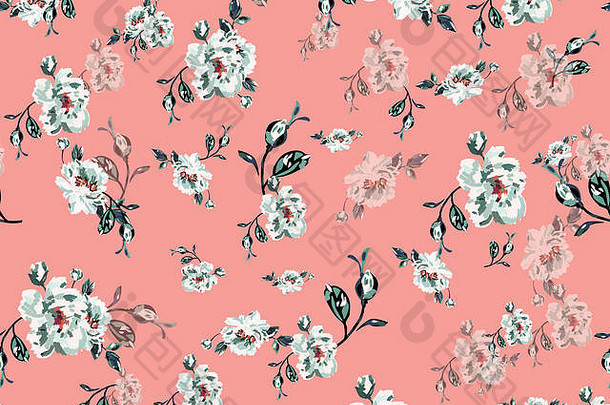 复古森林花卉。粉色背景上的无缝纹理花卉图案可用于纺织印花。