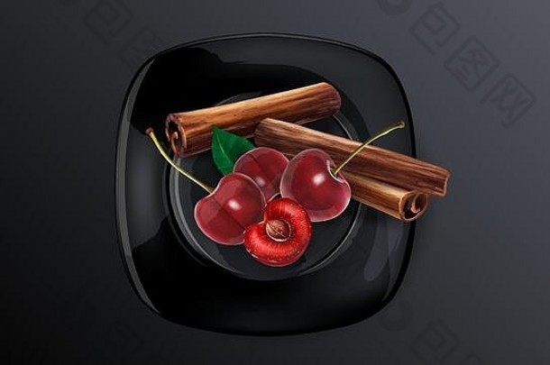 樱桃浆果和肉桂条放在一道黑色的菜上。