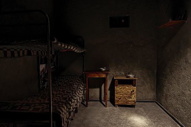 一间漆黑的空牢房，有铁铺位床和铝制餐具的床头柜