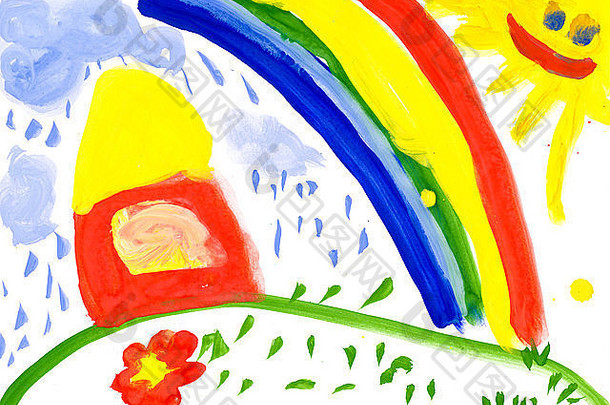 在草地和彩虹上的家。儿童画。