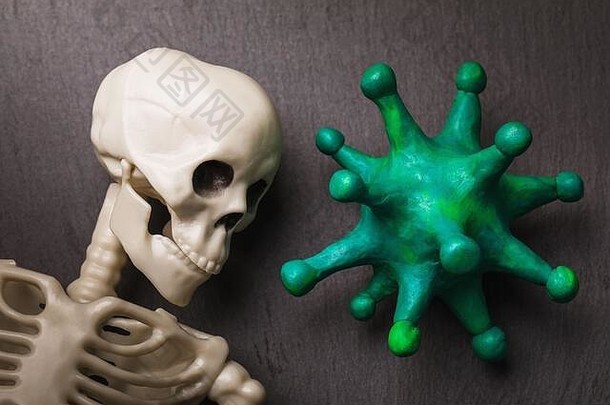 玩具冠状病毒与人类骨骼。大流行死亡率概念2019冠状病毒疾病