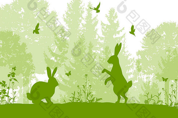 绿色自然景观轮廓兔子树鸟