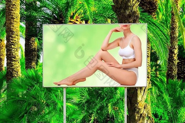 广告牌女身体屏幕热带天堂背景大绿色棕榈叶子