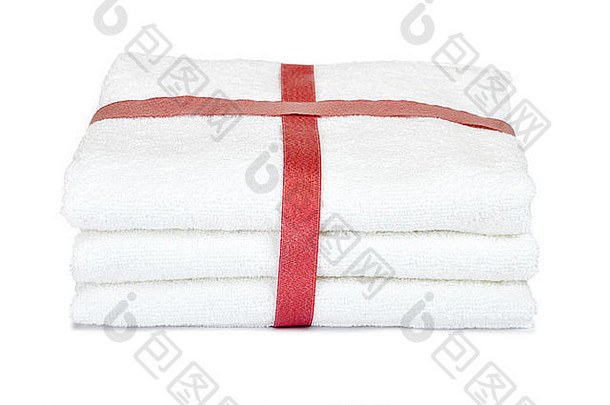 堆栈白色毛巾红色的丝带白色背景