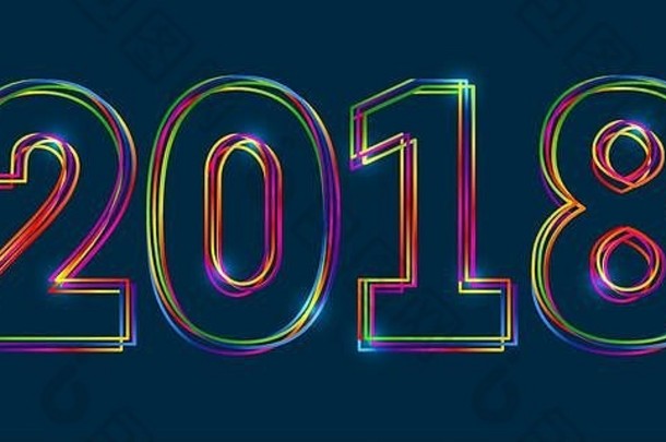 Vector creative happy new year 2018设计由多色轮廓编号组成，蓝色背景上具有发光效果。