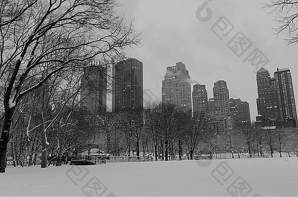 纽约市暴风雪过后的曼哈顿天际线