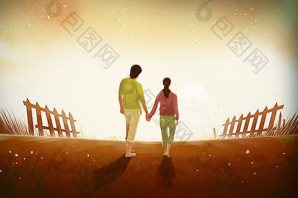 一对夫妇在海滩上欣赏日落美景的插图