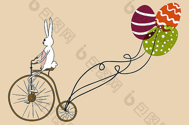 复古复活节<strong>兔子</strong>骑着一辆古董自行车，上面装饰着彩蛋作为气球。EPS10文件<strong>版</strong>本。此插图包含透明胶片，分层以便于操作和自定义着色