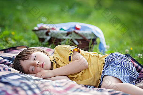 可爱的小男孩，睡在野餐毯上，在一个夏日阳光明媚的下午在户外