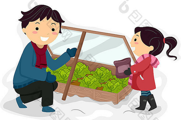 插图中父亲和女儿正在照料他们的冬季花园