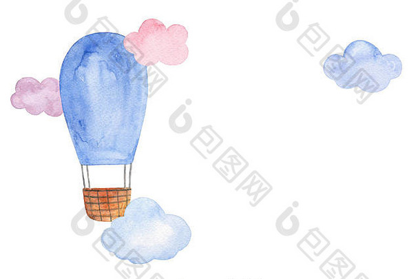 空气气球水彩粉红色的蓝色的旅行插图