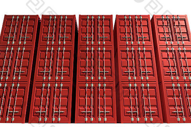 在孤立的白色背景上渲染一堆15个红色集装箱