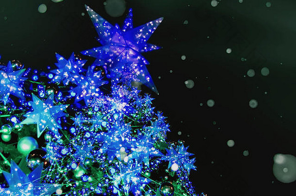 圣诞树与圣诞星，雪花，球，花环，装饰品。抽象的节日背景、纹理。明亮的蓝色背景设计