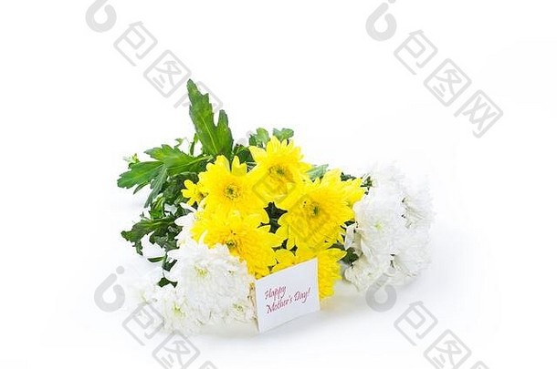 白色背景上分离出的黄色和白色菊花的花束