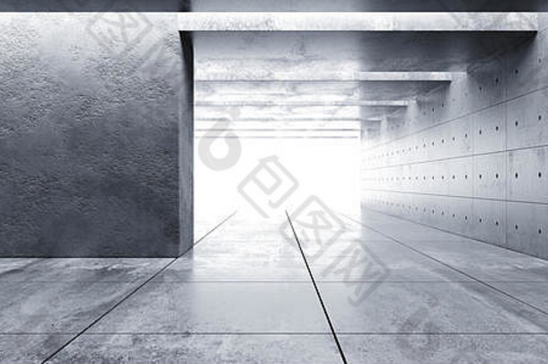 现代未来主义混凝土背景垃圾空旷黑暗空间车库大厅隧道走廊宇宙飞船粗糙纹理发光白光画廊3D效果图